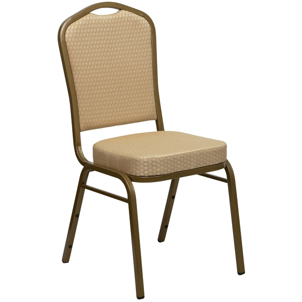 Beige Patterned Fabric/Gold Frame |#| Crown Back Stacking Banquet Chair in Beige Patterned Fabric - Gold Frame