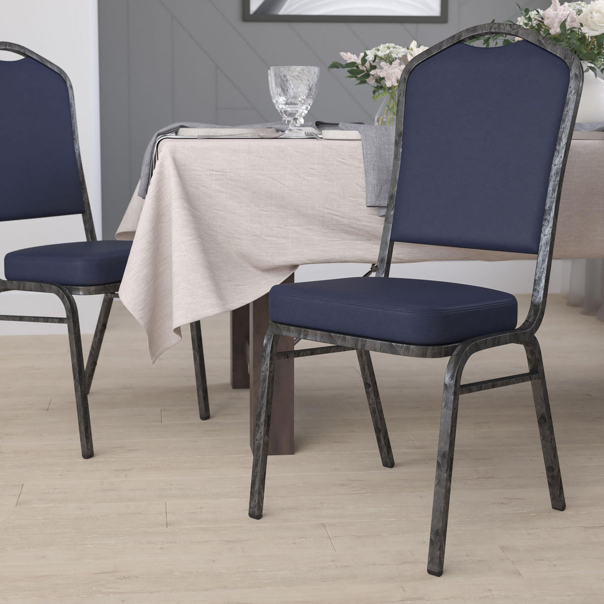 Navy Vinyl/Silver Vein Frame |#| Crown Back Stacking Banquet Chair in Navy Vinyl - Silver Vein Frame