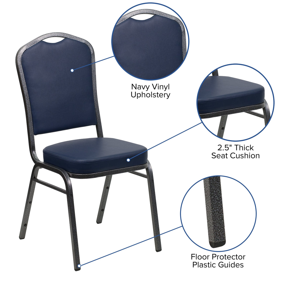 Navy Vinyl/Silver Vein Frame |#| Crown Back Stacking Banquet Chair in Navy Vinyl - Silver Vein Frame