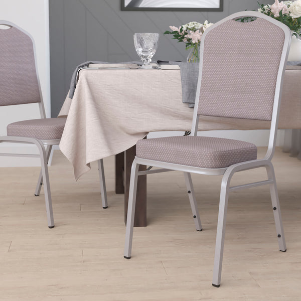 Gray Dot Fabric/Silver Frame |#| Crown Back Stacking Banquet Chair in Gray Dot Fabric - Silver Frame