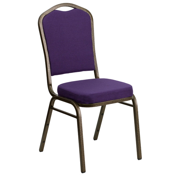 Purple Fabric/Gold Vein Frame |#| Crown Back Stacking Banquet Chair in Purple Fabric - Gold Vein Frame