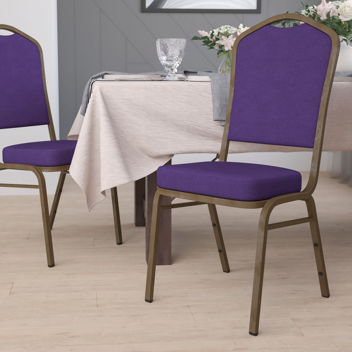 Purple Fabric/Gold Vein Frame |#| Crown Back Stacking Banquet Chair in Purple Fabric - Gold Vein Frame