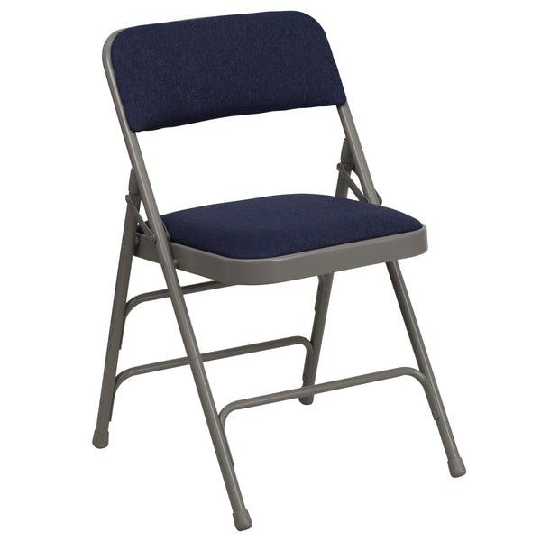 Navy Fabric/Gray Frame |#| Curved Triple Braced & Double Hinged Navy Fabric Metal Folding Chair