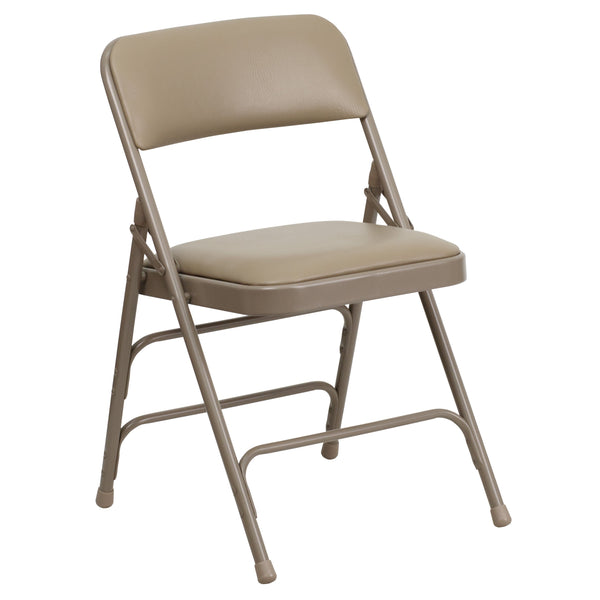 Beige Vinyl/Beige Frame |#| Curved Triple Braced & Double Hinged Beige Vinyl Metal Folding Chair