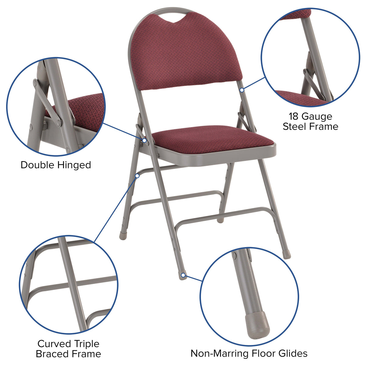 Burgundy Fabric/Gray Frame |#| Ultra-Premium Triple Braced Burgundy Fabric Folding Chair with Easy-Carry Handle