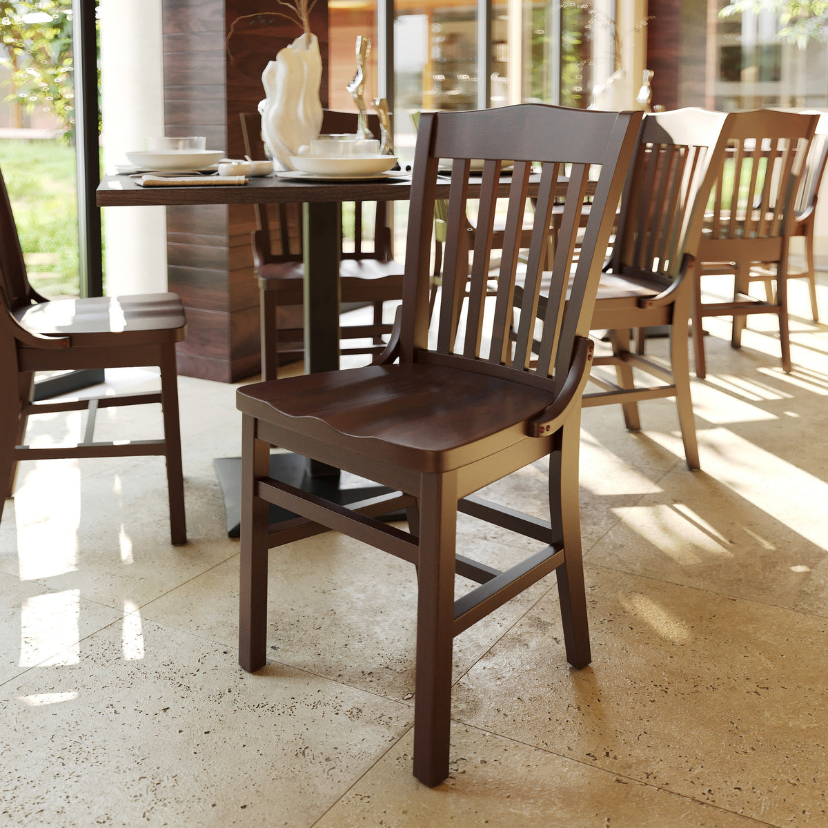 Walnut |#| School House Back Walnut Wood Restaurant Chair with Footrest