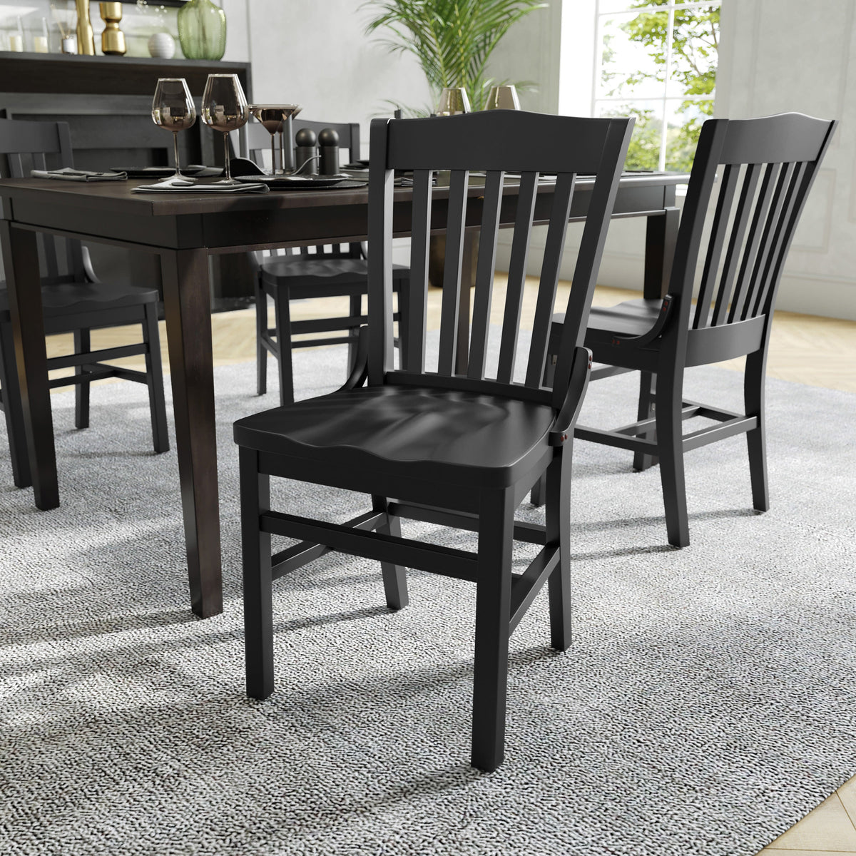 Black |#| School House Back Black Wood Restaurant Chair with Footrest