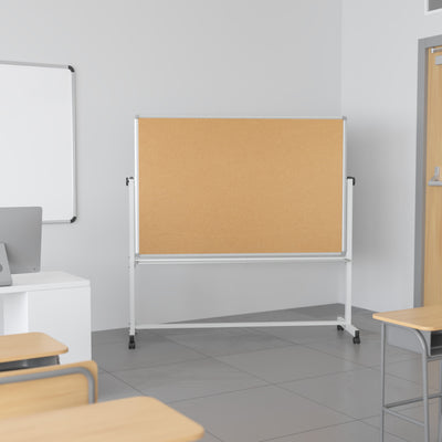 HERCULES Series Reversible Mobile Cork Bulletin Board and White Board Stand with Pen Tray