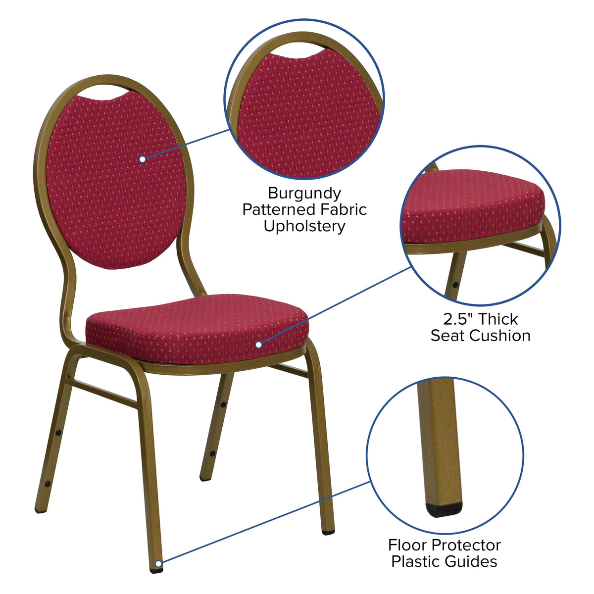 Burgundy Patterned Fabric/Gold Frame |#| Teardrop Back Stacking Banquet Chair in Burgundy Patterned Fabric - Gold Frame