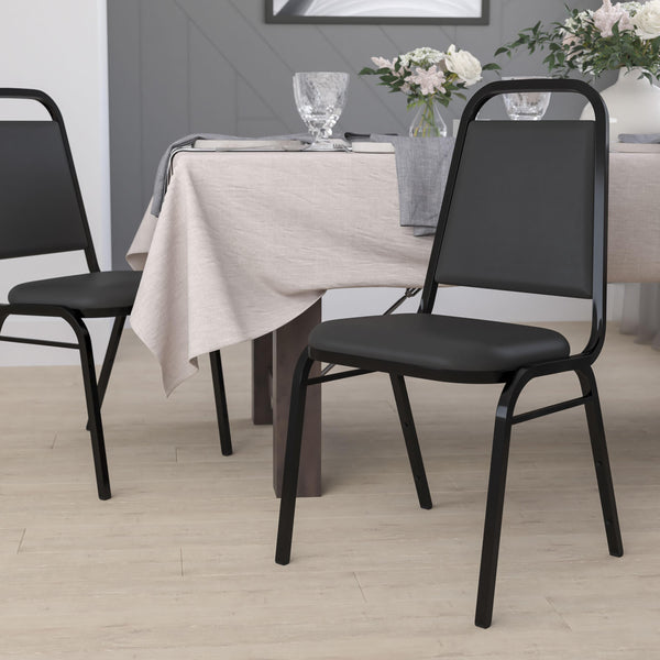 Black Vinyl/Black Frame |#| Trapezoidal Back Stacking Banquet Chair in Black Vinyl with 1.5inch Thick Seat