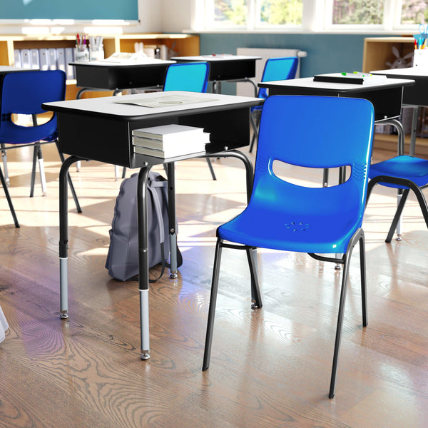 Gray Top/Navy Chair |#| Gray/Black Student Desk with Open Front Metal Book Box & Navy Flex Comfort Chair