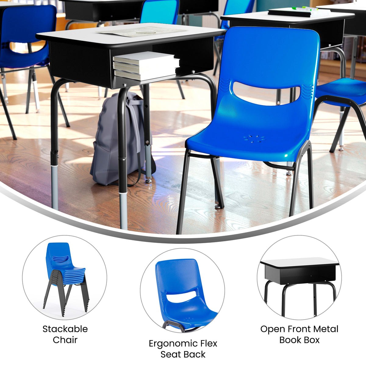 Gray Top/Navy Chair |#| Gray/Black Student Desk with Open Front Metal Book Box & Navy Flex Comfort Chair