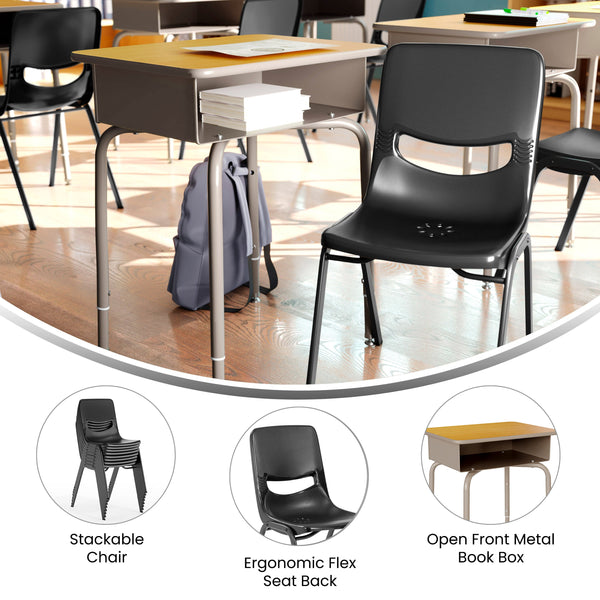 Maple Top/Black Chair |#| Maple/Silvr Student Desk with Open Front Metal Book Box & Blk Flex Comfort Chair