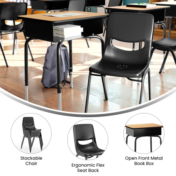 Natural Top/Black Chair |#| Natural/Blk Student Desk with Open Front Metal Book Box & Blk Flex Comfort Chair