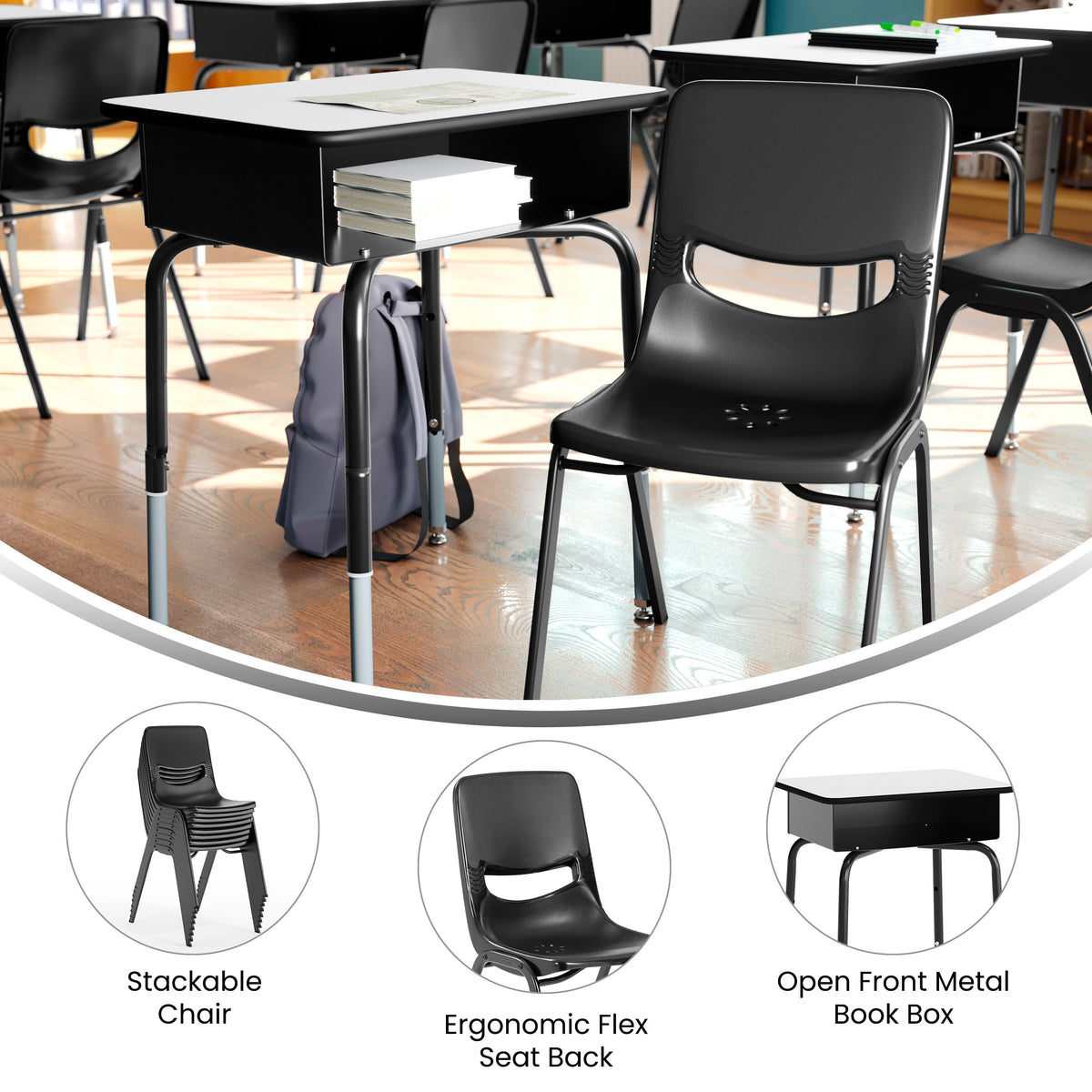 Gray Top/Black Chair |#| Gry/Black Student Desk with Open Front Metal Book Box & Black Flex Comfort Chair