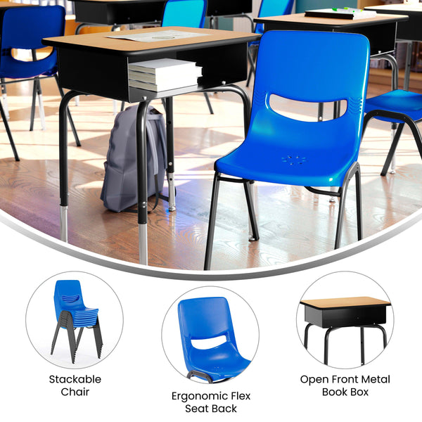 Natural Top/Navy Chair |#| Natural/Blk Student Desk with Open Front Metal Book Box & Nvy Flex Comfort Chair