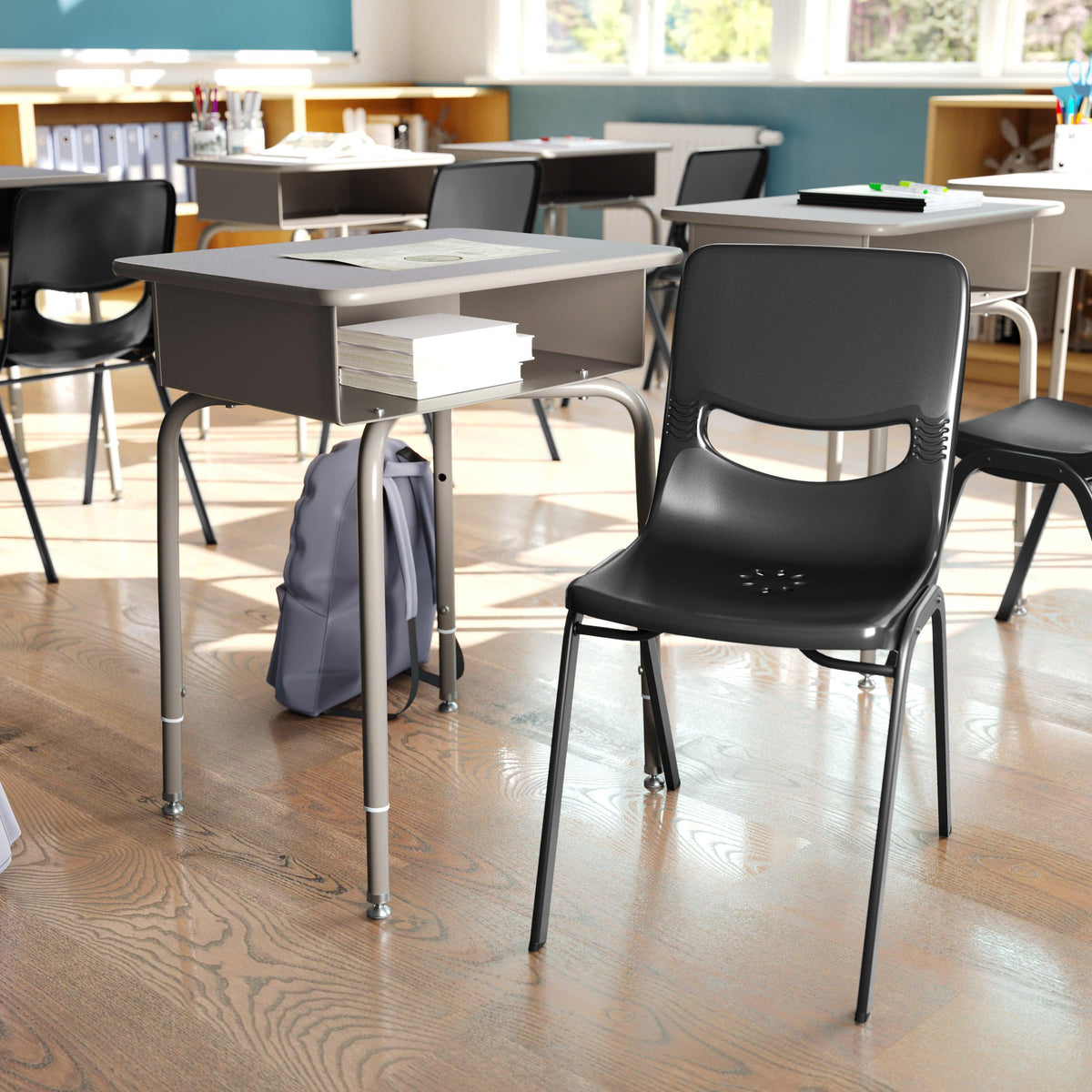 Gray Granite Top/Black Chair |#| Gr Grnte/Svr Student Desk with Open Front Metal Book Box & Bk Flex Comfort Chair