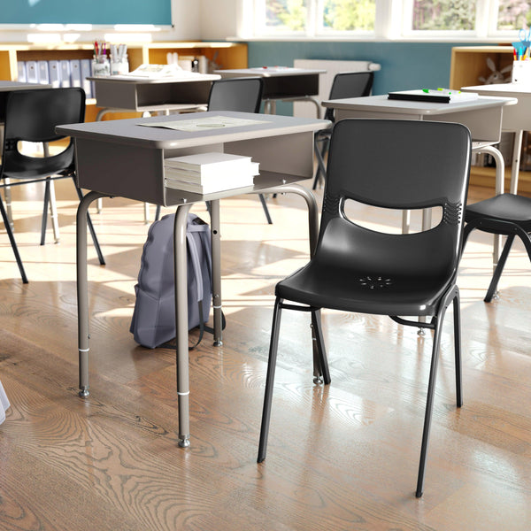 Gray Granite Top/Black Chair |#| Gr Grnte/Svr Student Desk with Open Front Metal Book Box & Bk Flex Comfort Chair