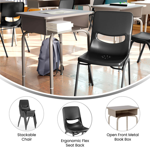 Gray Granite Top/Black Chair |#| Gr Grnte/Svr Student Desk with Open Front Metal Book Box & Bk Flex Comfort Chair