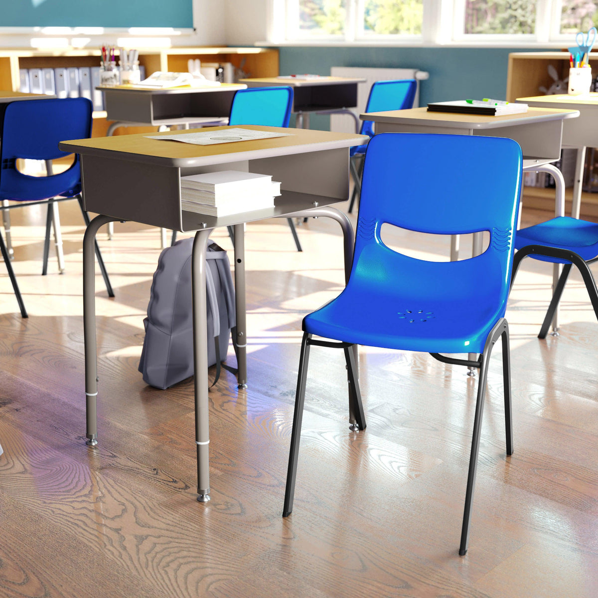 Maple Top/Navy Chair |#| Maple/Slvr Student Desk with Open Front Metal Book Box & Navy Flex Comfort Chair