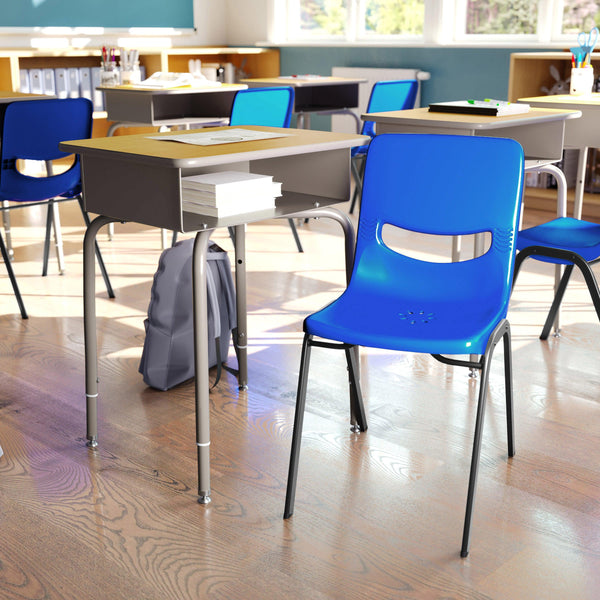 Maple Top/Navy Chair |#| Maple/Slvr Student Desk with Open Front Metal Book Box & Navy Flex Comfort Chair