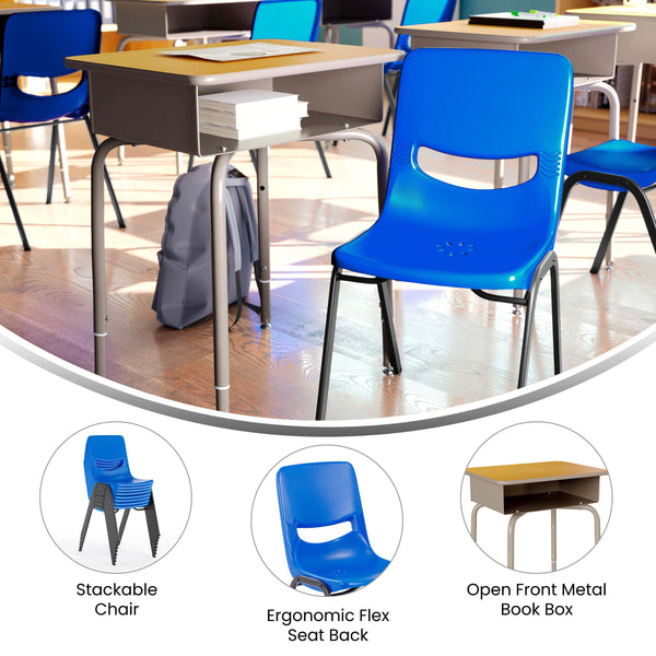 Maple Top/Navy Chair |#| Maple/Slvr Student Desk with Open Front Metal Book Box & Navy Flex Comfort Chair