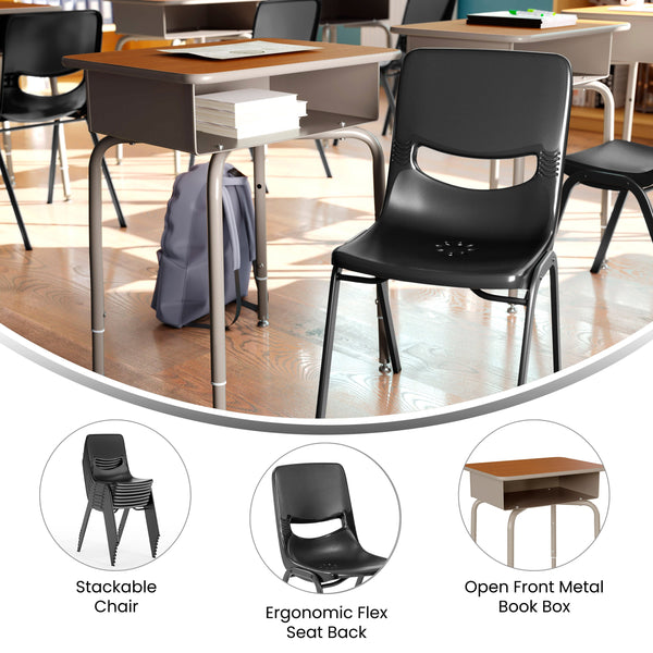 Walnut Top/Black Chair |#| Walnut/Slvr Student Desk with Open Front Metal Book Box & Blk Flex Comfort Chair