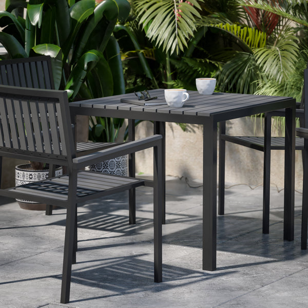 Black |#| All-Weather Resin Top Square Table & 4 Metal Chairs with Poly Resin Seats-Black
