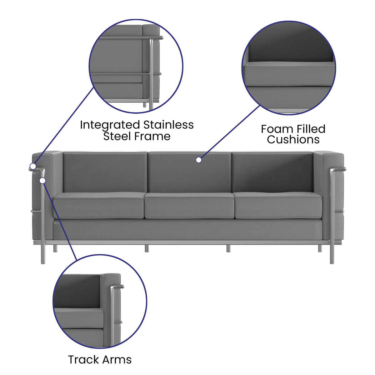 Gray |#| Contemporary Gray LeatherSoft Sofa with Double Bar Encasing Frame