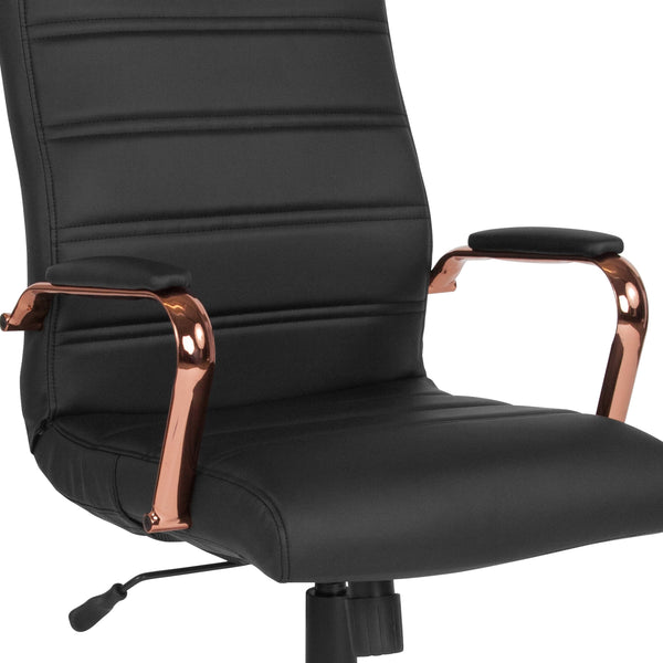 Black LeatherSoft/Rose Gold Frame |#| High Back Black LeatherSoft Executive Swivel Office Chair - Rose Gold Frame/Arms