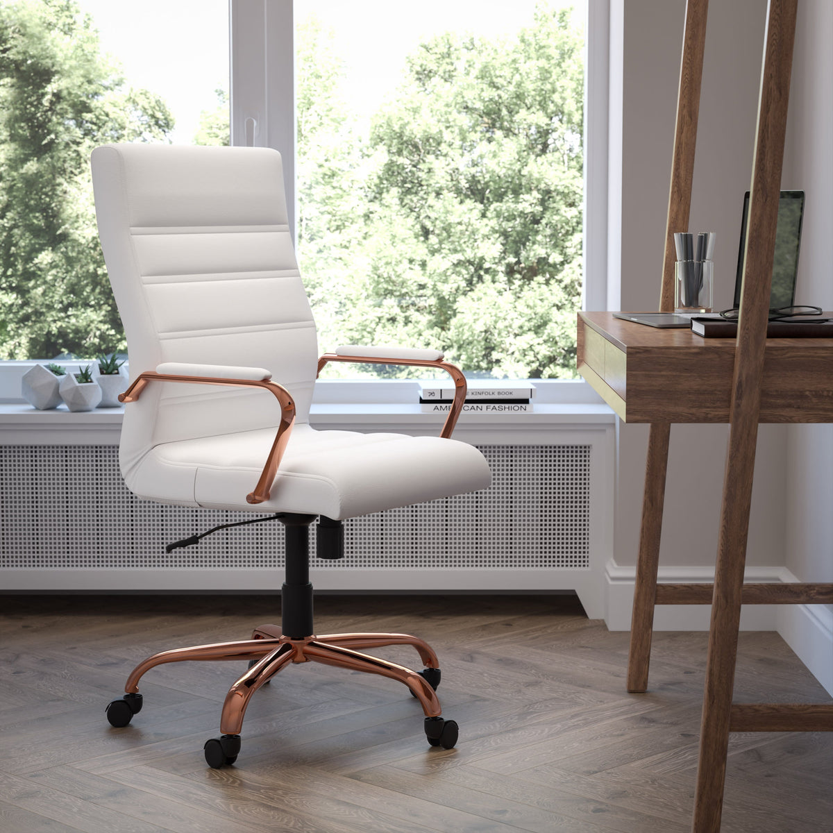 White LeatherSoft/Rose Gold Frame |#| High Back White LeatherSoft Executive Swivel Office Chair - Rose Gold Frame/Arms