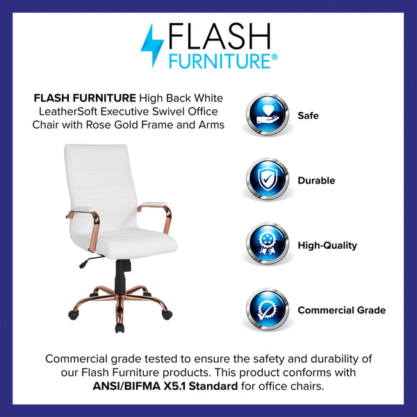 White LeatherSoft/Rose Gold Frame |#| High Back White LeatherSoft Executive Swivel Office Chair - Rose Gold Frame/Arms