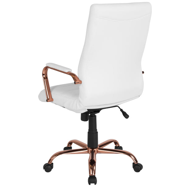 White LeatherSoft/Rose Gold Frame |#| High Back White LeatherSoft Executive Swivel Office Chair - Rose Gold Frame/Arms