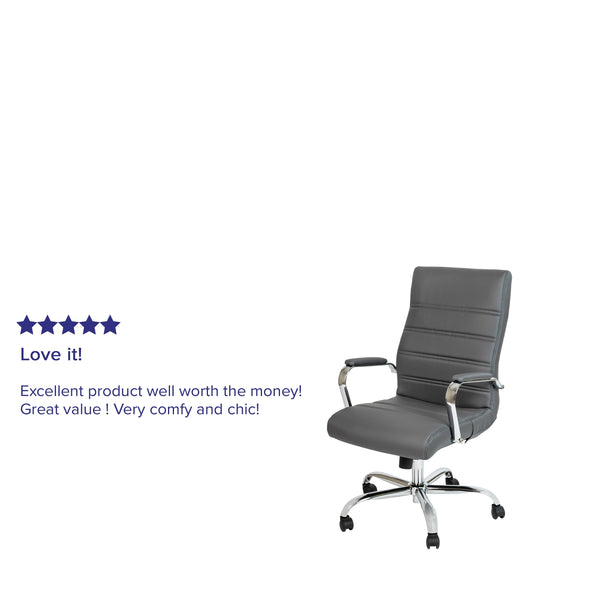 Gray LeatherSoft/Chrome Frame |#| High Back Gray LeatherSoft Executive Swivel Office Chair with Chrome Frame/Arms