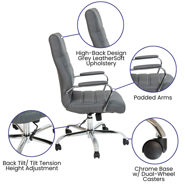 Gray LeatherSoft/Chrome Frame |#| High Back Gray LeatherSoft Executive Swivel Office Chair with Chrome Frame/Arms