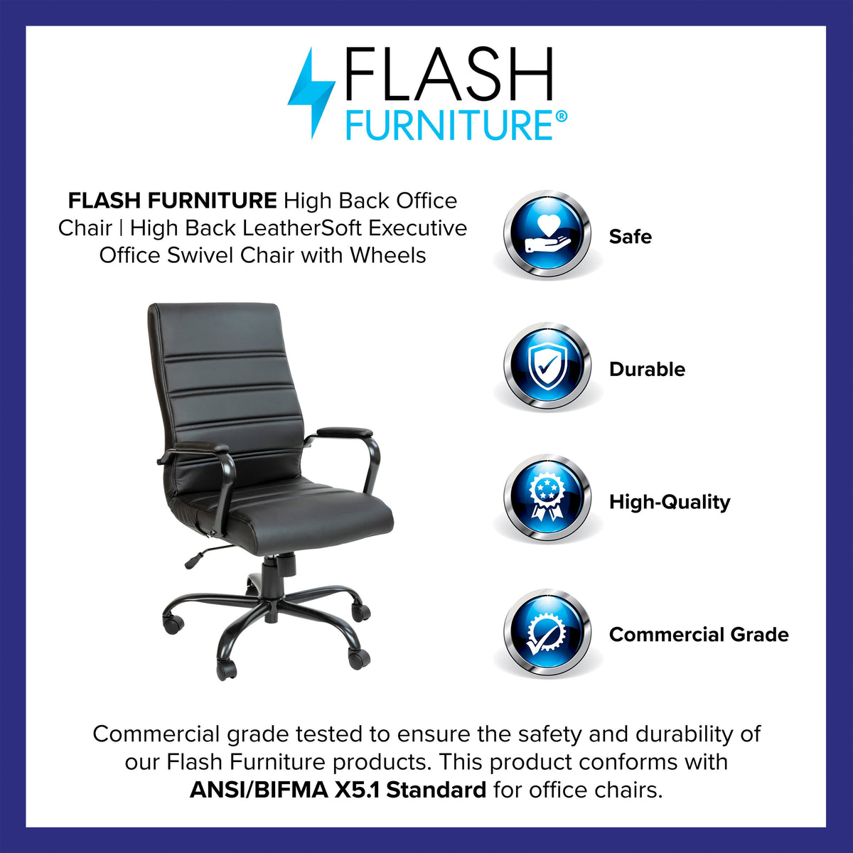 Black LeatherSoft/Black Frame |#| High Back Black LeatherSoft Executive Swivel Office Chair with Black Frame/Arms