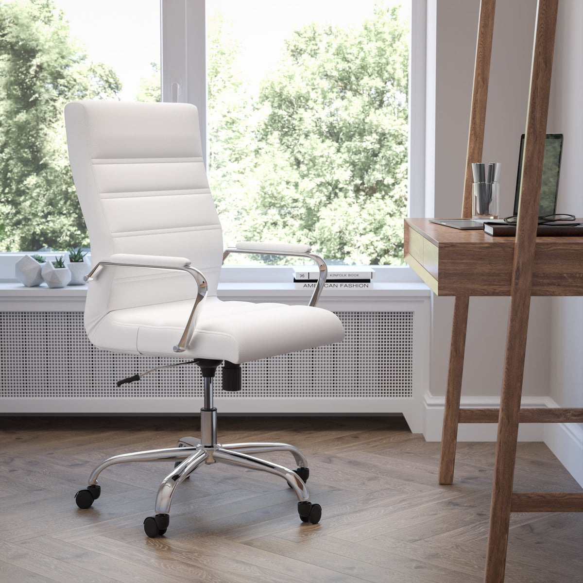 White LeatherSoft/Chrome Frame |#| High Back White LeatherSoft Executive Swivel Office Chair with Chrome Frame/Arms