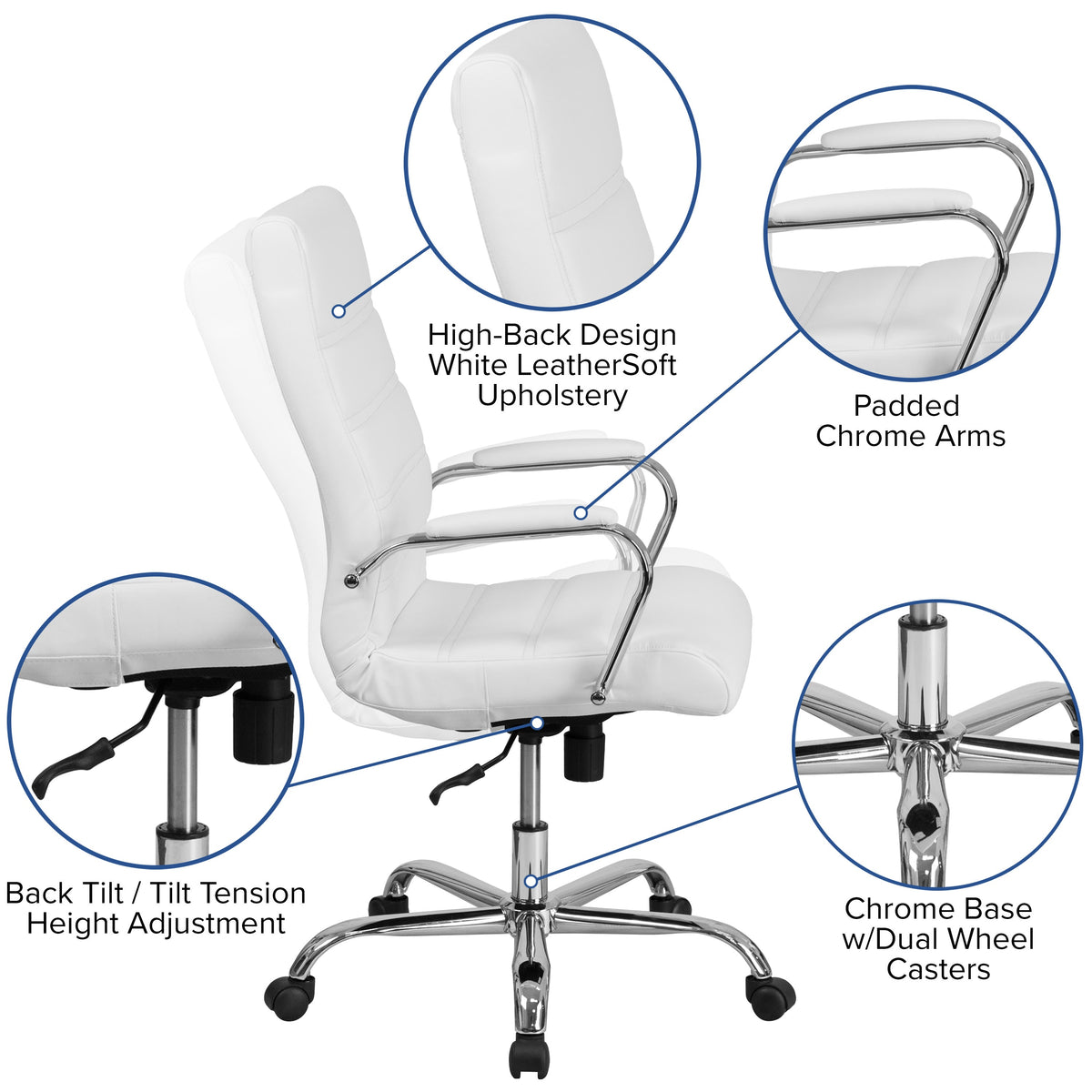 White LeatherSoft/Chrome Frame |#| High Back White LeatherSoft Executive Swivel Office Chair with Chrome Frame/Arms