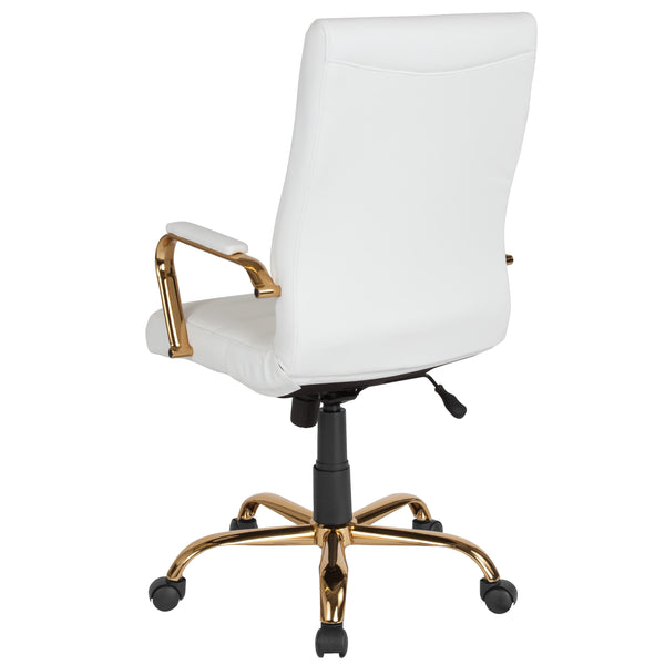 White LeatherSoft/Gold Frame |#| High Back White LeatherSoft Executive Swivel Office Chair with Gold Frame/Arms