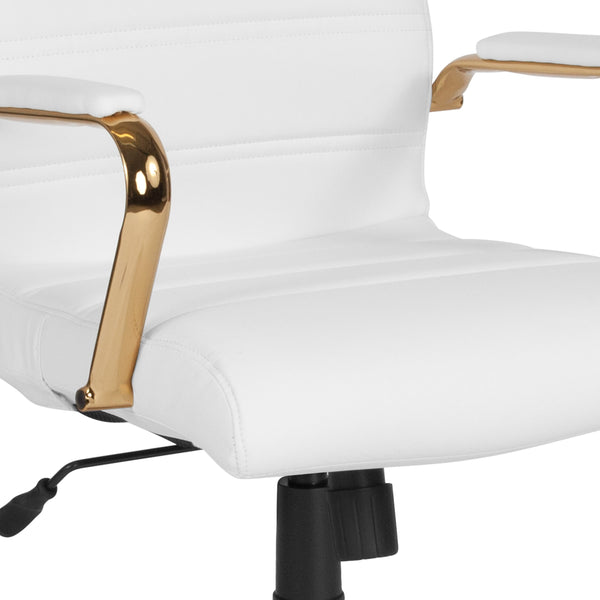 White LeatherSoft/Gold Frame |#| High Back White LeatherSoft Executive Swivel Office Chair with Gold Frame/Arms