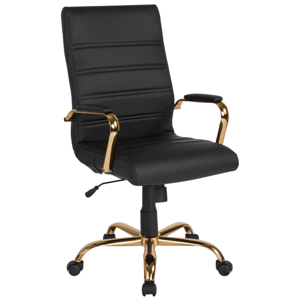 Black LeatherSoft/Gold Frame |#| High Back Black LeatherSoft Executive Swivel Office Chair with Gold Frame/Arms