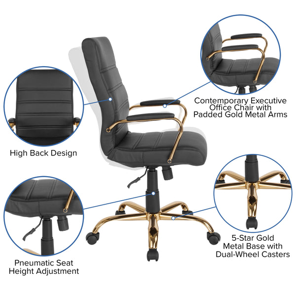 Black LeatherSoft/Gold Frame |#| High Back Black LeatherSoft Executive Swivel Office Chair with Gold Frame/Arms