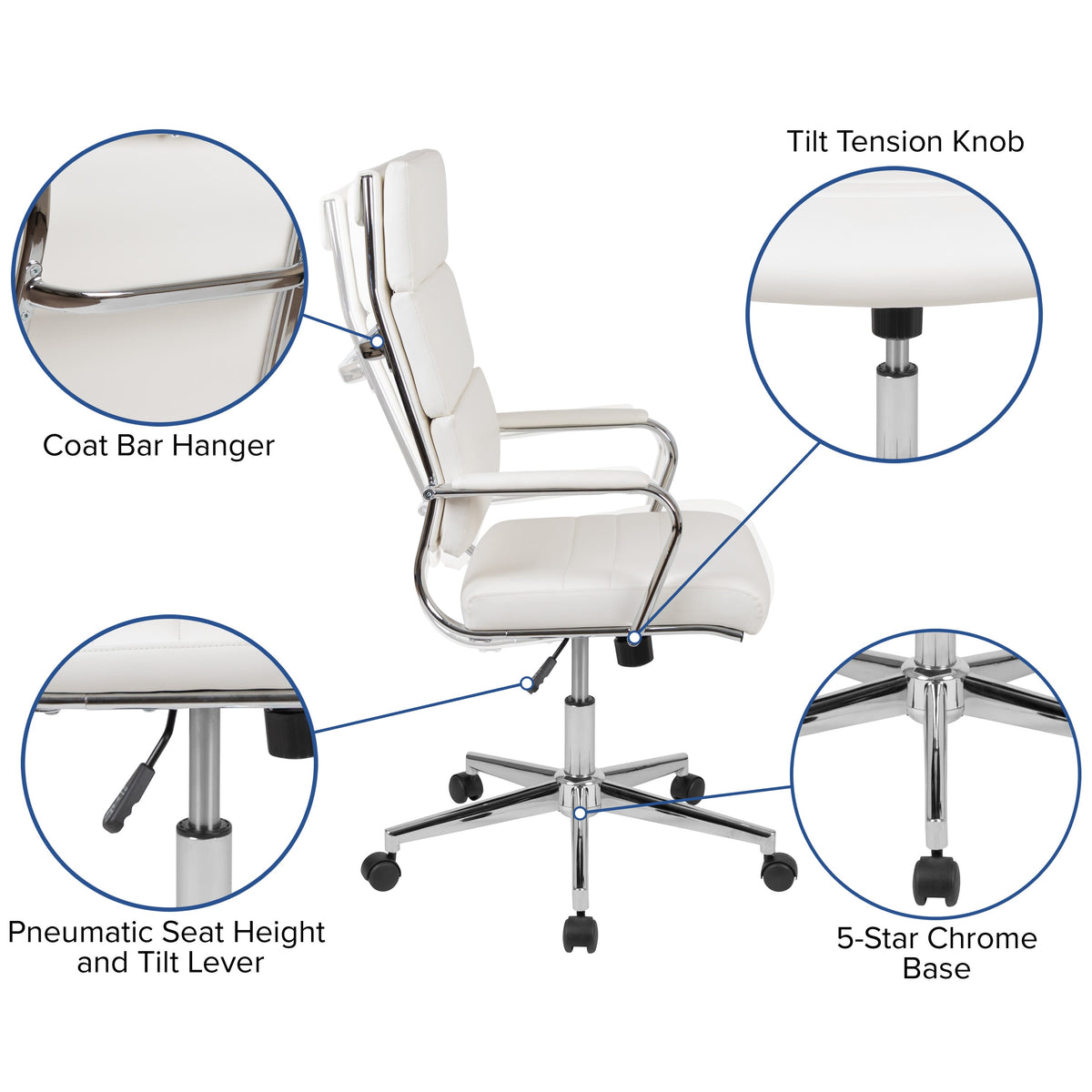 White |#| High Back White LeatherSoft Contemporary Panel Executive Swivel Office Chair