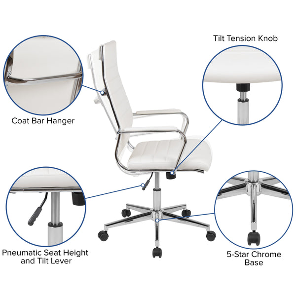 White |#| High Back White LeatherSoft Ribbed Executive Swivel Office Chair - Desk Chair