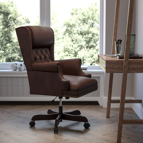 Brown |#| High Back Tufted Brown LeatherSoft Ergonomic Office Chair w/Oversized Headrest