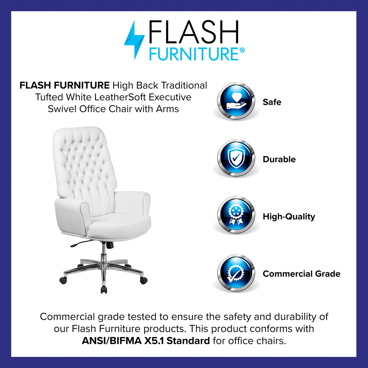 White |#| High Back Traditional Tufted White LeatherSoft Executive Swivel Office Chair