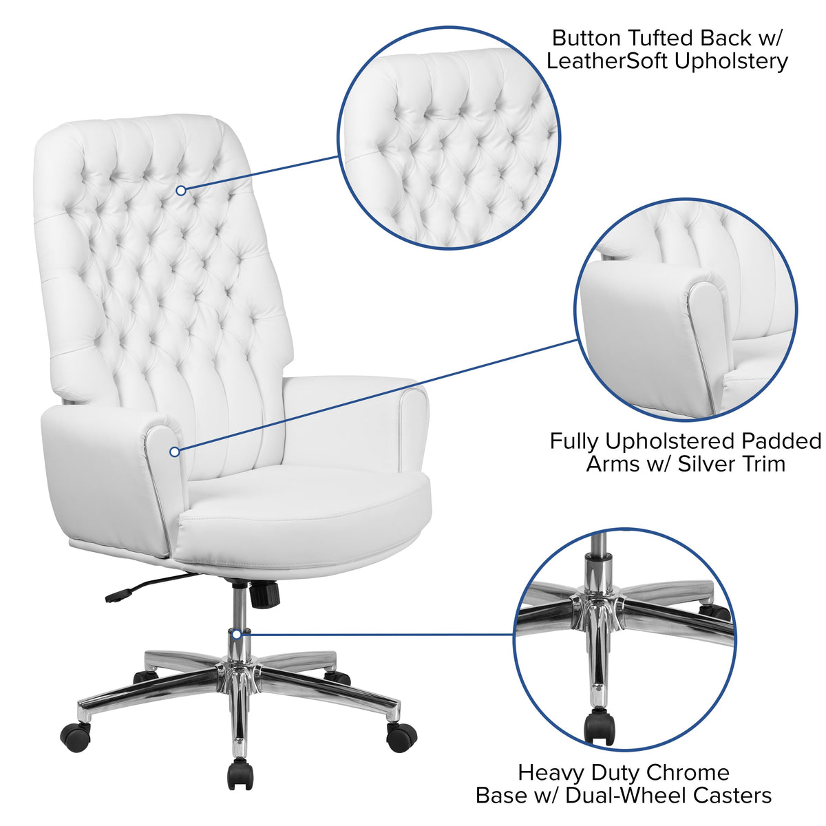 White |#| High Back Traditional Tufted White LeatherSoft Executive Swivel Office Chair