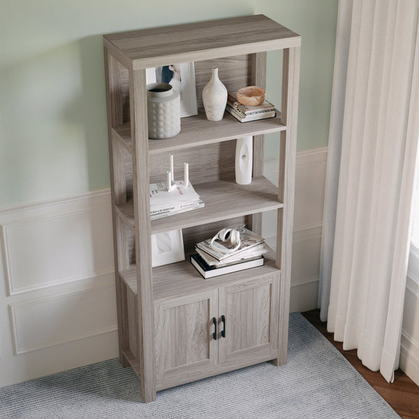 Gray Frame/Oil Rubbed Bronze Hardware |#| Gray 4 Tier Shaker Style Bookcase with Cabinet and Oil Rubbed Bronze Hardware