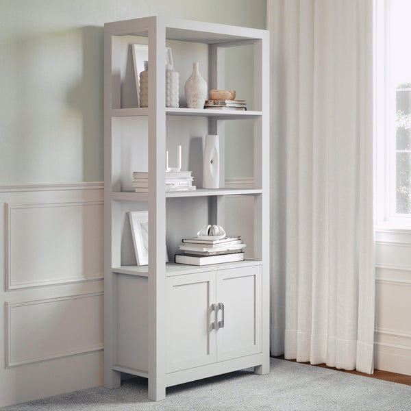 Gray Frame/Brushed Nickel Hardware |#| Gray 4 Tier Shaker Style Bookcase with Cabinet and Brushed Nickel Hardware