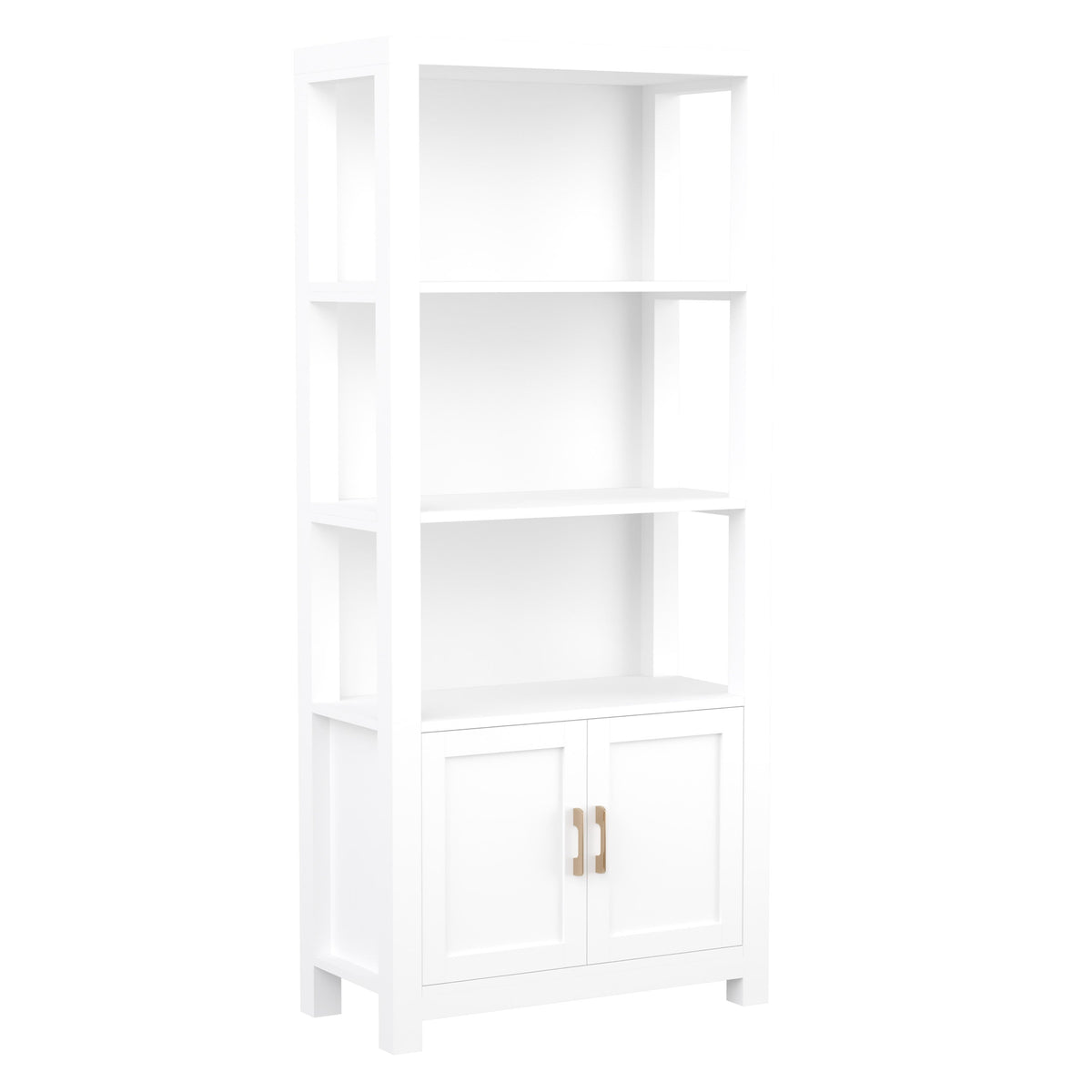 White Frame/Polished Brass Hardware |#| White 4 Tier Shaker Style Bookcase with Cabinet and Polished Brass Hardware